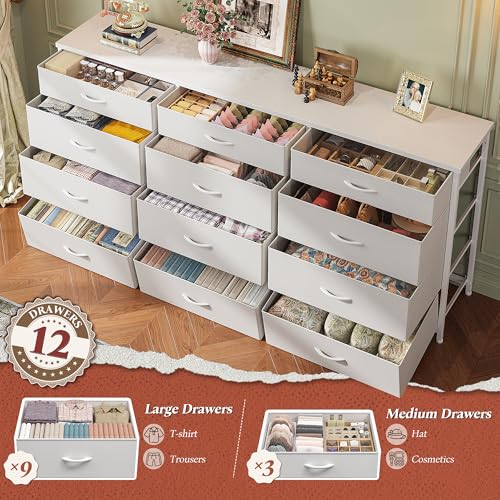 Romorgniz 55" Long Dresser for Bedroom with 12 Fabric Drawers, Entertainment Center for 60 inch TV Dressers & Chests of Drawers Large Organizer, Living Room, Metal Frame, Wood Top, White - color: White