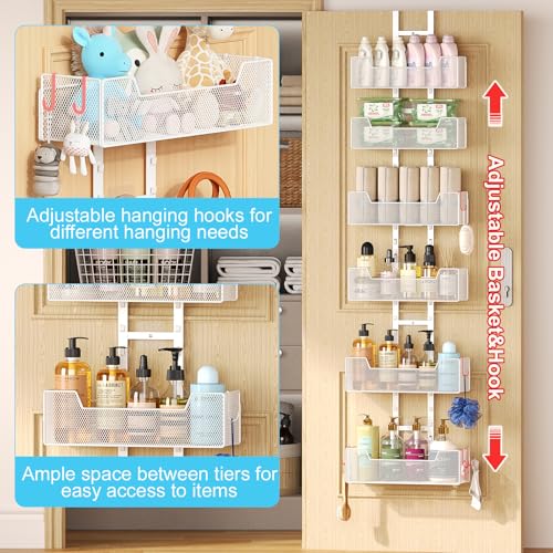Hongtamoya Over The Door Organizer, Metal Hanging Door Organizer with 6 Adjustable Baskets and 5 Hooks, Behind The Door Storage for Closet Pantry Cabinet Kitchen Bathroom Bedroom, White - color: White Mesh Basket