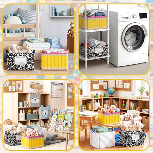 Geelin 3 Pcs Teacher Appreciation Baskets Pencil Book Storage Basket for Gifts Collapsible Waterproof Canvas Cute Storage Bin Organizer with Handles for Book Closet Shelf Nursery Decor - style: Back to School