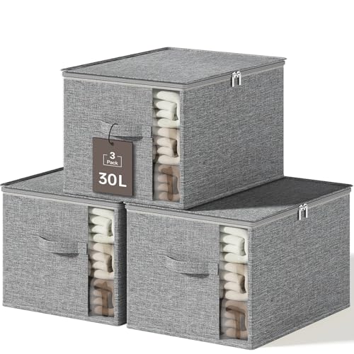 Clothes Storage Bins with Sturdy Frames, Foldable Fabric Clothing Organizer Box for Moving, Sweater Storage Cube with Lids and Zipper, Linen Closet Storage Bags for Blankets, Clothes, Sheet - color: Grey, size: Medium x 3 Packs