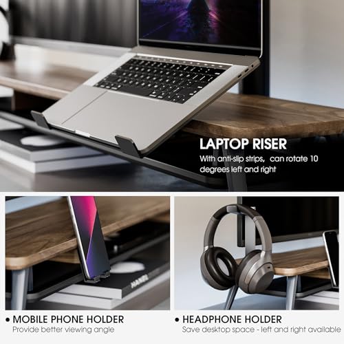 Fenge Dual Monitor Stand, Monitor Riser for 2 Monitors with Adjustable Laptop Riser , 42.5 Inch Desk Shelf for Top of Desk with Phone Holder& Headphone Stand - color: brown