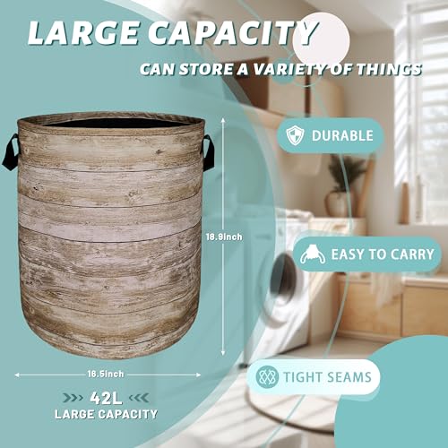 Wood Grain Laundry Basket Foldable With Handles Tree Stump Texture Tote Bag Oxford Cloth Colorful Laundry Hamper Clothes Toy Storage Bucket For Bathroom/Laundry/Bedroom 18.9" x 16.5 " - color: Tree Stump Wood Grain Printed