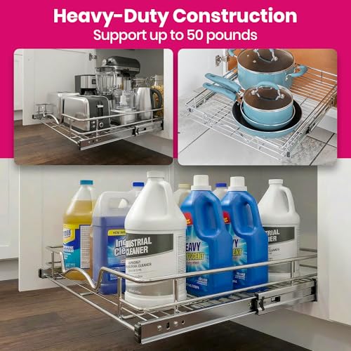 HOLDN’ STORAGE Pull Out Cabinet Organizer, Heavy Duty Caddy w/Lifetime Limited Warranty -22”W x 21”D - Requires At Least 23-1/4” Cabinet Opening, Steel Metal Cabinet Drawers Slide Out, Chrome - size: 22"W x 21"D