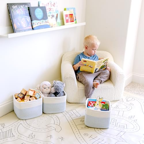 NaturalCozy Storage Cubes 9”x9”x7”Cotton Rope Woven Baskets for Organizing 3-Pack | 9 Inch Cube Storage Bin | Small Basket for Shelf Nursery, Pantry, Decorative Plant, Bathroom Closet, Toy Gift - color: Off White & Mixed Blue