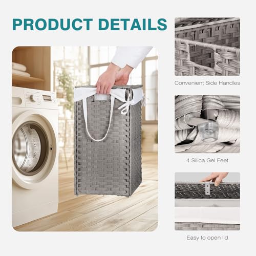 DUMOS Wicker Laundry Basket with Lid, 110L Woven Laundry Hamper with Handles, Foldable Rattan Clothes Hamper with Removable Liner & Sturdy Steel Frame, Dove Gray - color: Dove Gray, size: 110L
