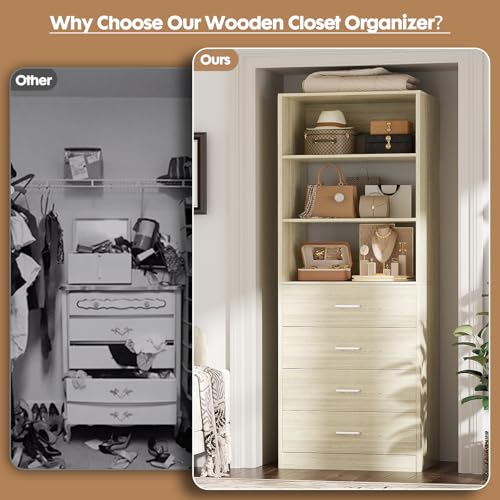 Aheaplus Wood Closet Organizer System with 4 Drawers, Modular Walk-in Closet Storage Unit, Small Closets Wardrobe Rack, Tall Storage Cabinet Unit, White Oak - color: White Oak