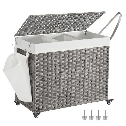 SONGMICS Laundry Hamper with Lid, 42.3 Gallons (160 L), Rolling Laundry Basket with Wheels, 3-Section Synthetic Rattan, Removable Liner, Bedroom, 29.9 x 13 x 26 Inches, Gray ULCB365G01 - color: Gray, size: 160 L