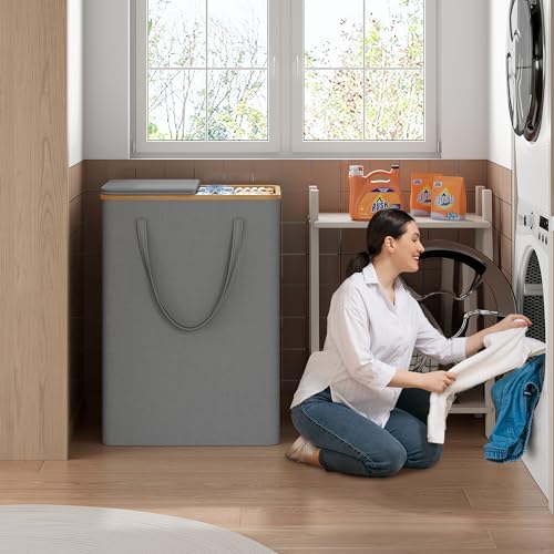 160L Double Laundry Hamper with Lid 2 Section, Large Bamboo Laundry Basket with 2 Removable Bags, Clothes Hampers for Laundry for Bedroom, Bathroom, Dorm, Laundry Room, Grey - color: Grey, size: 160L