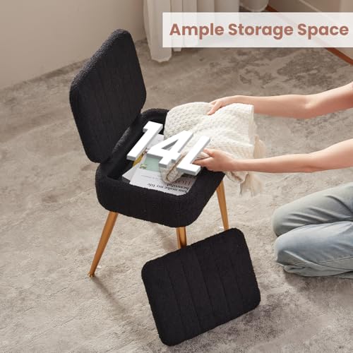 Updated Vanity Chair, Storage Ottoman with Folding Back & Gold-Toned Metal Legs, Ottoman Seat with Teddy Velvet for Dressing Room Living Room Bedroom, 15" x 12" Inch - color: Black, size: 15" x 12"