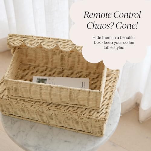 BEBE BASK Handwoven Stackable Decorative Storage Boxes with Lids, Set of 2 (14 × 8 × 4 in) – Scalloped Wicker Basket for Home Decor – Baby Keepsake Box & Memory Box for Keepsakes for Nursery