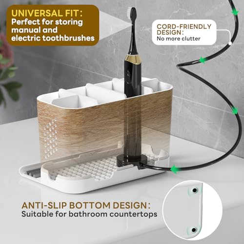 Bathroom Organizers and Storage 6 Slots Wood Grain Electric Toothbrush Holders with Phone Holder and Adjustable Dividers, Cord-Friendly Toothbrush Organizer with Drainage for Family, Kids - color: Wood Grain