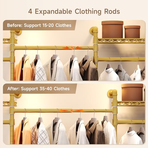 Wall Mounted Garment Rack, Walk-in Closet System with Expandable Rods, Adjustable Shelves, Industrial Pipe Clothing Racks, Hanging Clothes Organizers and Storage, Metal Closet Shelving Wardrobe - color: Gold