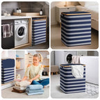 BALEINE Laundry Hamper with Lid, Tall Laundry Baskets with Bamboo Pull Handles, Large Laundry Bin with Internal Support (26 Gal/100L, Blue Pinstripe) - color: Blue Pinstripe, size: 100 liters