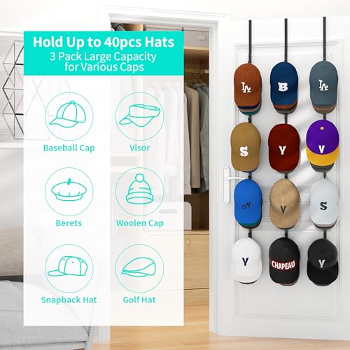 HapiRm Over Door Hat Rack - 3 Packs Hat Organizer with 12 Hooks Design, Hanging Baseball Cap Organizer Storage Holds Up to 60 Caps for Door, Bedroom, Closet (Black) - color: Black, size: 3 Pack
