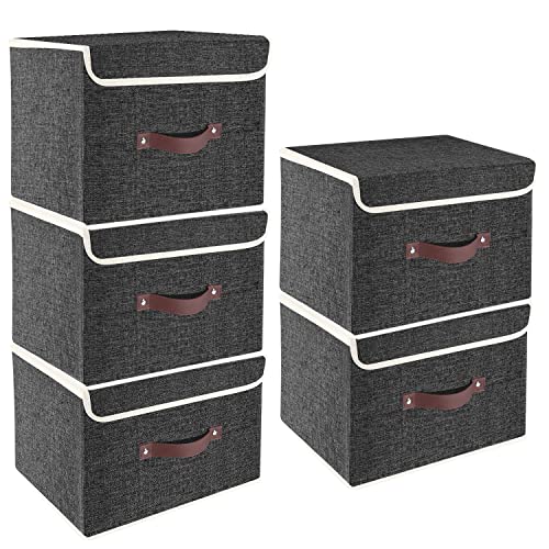 TYEERS Foldable Storage Boxes with Lids 5 Pack Fabric Storage Bins with Lids, Closet Organizers for Clothes Storage, Room Organization, Office Storage, Toys - Black - color: Black, size: 5-Pack Medium