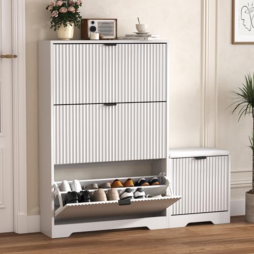 HUANLEGO Shoe Cabinet Storage for Entryway with 4 Flip Drawers, White Fluted Shoe Cabinet with Bench, Wooden Hidden Shoe Rack Freestanding Narrow Slim Shoes Storage Organizer for Hallway, Entrance - color: White, size: 4 Drawer with Bench