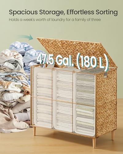 SONGMICS Laundry Hamper 3 Sections, 47.5 Gal. (180 L) Handwoven Water Hyacinth Wicker Laundry Basket with Lid, Natural Material, Removable Machine Washable Liners, Handles, Natural ULCB203Y01 - color: Natural, size: 180 L (Handwoven )