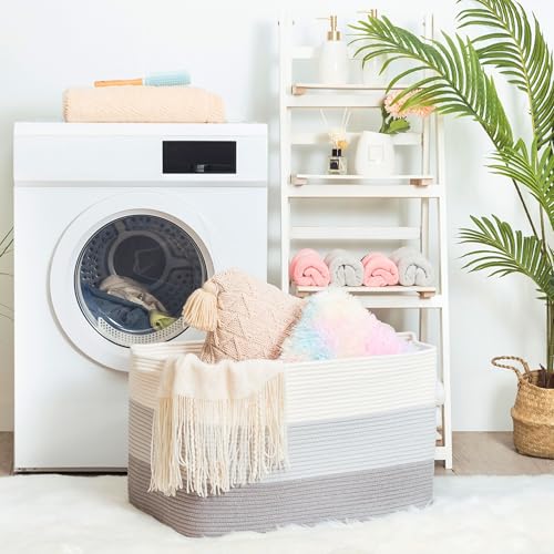 MINTWOOD Design 22in Extra Large Blanket Basket Holder Living Room, Rectangle Rope Woven Storage Basket with Handles for Laundry, Pool Towels, and Shoes, Dog Toy Organizer Bin Box, 3-Tone Light Gray - color: 3-Tone Light Gray
