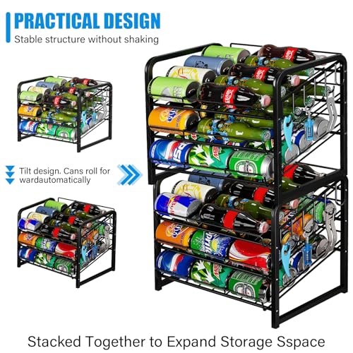 6-Tier Stackable Soda Can Rack Organizer for Pantry, Adjustable Can Dispenser Holds Up to 60 Cans, with 12 Hooks, Can Storage Holder for Various Ounces of Canned Food Soda Drinks, Black, 2 Pack