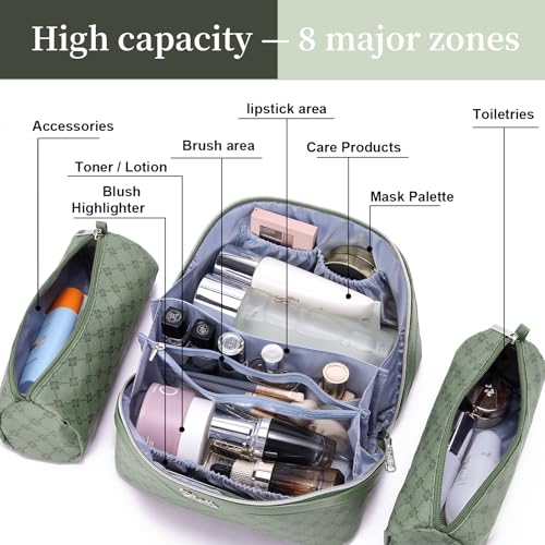 BOYATU Travel Makeup Bag Cosmetic Bags for Women: 3 Pcs Set Large Capacity Make up Bag with Handle - Vegan Leather Toiletry Bags with Compartments - Makeup Organizer for Travel Essentials(A-5-Green) - color: A-5-Green