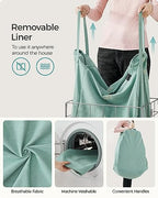 SONGMICS Laundry Hamper, 23.8 Gal. (90L) Laundry Basket, Collapsible Clothes Hamper, Removable and Washable Liner, Metal Wire Frame, for Bedroom Bathroom, Silver and Mint Green ULCB190C01 - color: Silver + Mint Green, size: 90 L