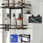Over the Door Shower Caddy Hanging, Rustproof Shower Shelves with Waterproof Phone Pouch, 2-Tier Adjustable Bathroom Organizers and Storage, No Drilling Shower Shelf, Black Shampoo Soap Holder - size: 2 Tier