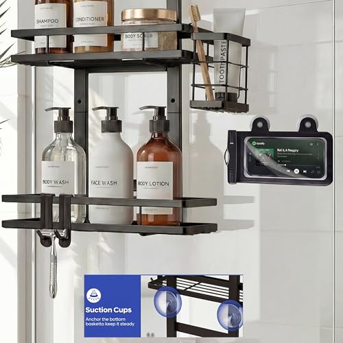 Over the Door Shower Caddy Hanging, Rustproof Shower Shelves with Waterproof Phone Pouch, 2-Tier Adjustable Bathroom Organizers and Storage, No Drilling Shower Shelf, Black Shampoo Soap Holder - size: 2 Tier
