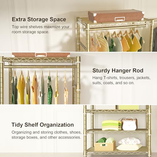 Ulif E1 Heavy Duty Closet Garment Rack, 6 Tiers Adjustable Metal Freestanding Expandable Clothing Storage with 4 Hanger Rods, Easy to Assemble Wardrobe, 71.4" H x (70" - 88.2") L x 14" D, Gold - color: Gold