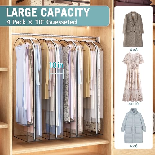 Liuoud Clear Garment Bag for Hanging Clothes 10” Gusseted, 60” Suit Bags for Open Closet Storage Plastic Clothes Cover for Coat, Dress, Shirts, Fur, Jacket, Wardrobe Protectors, 4 Pack - color: Clear, size: 60 inch