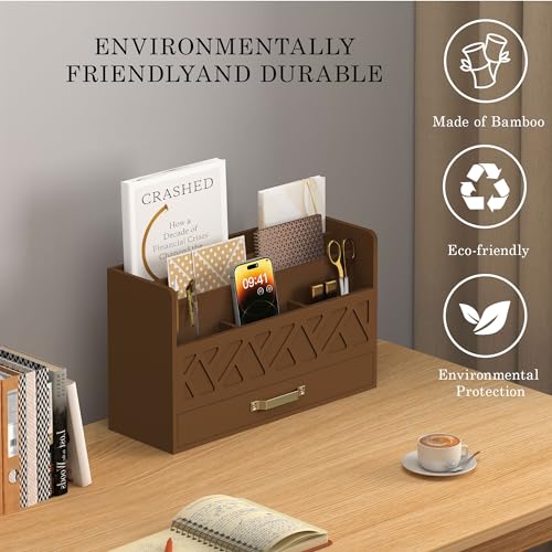 WISUCART Bamboo Mail Organizer Countertop Wood Desk Organizer Drawer Tabletop Storage Box Letter Sorter Makeup Organizer for School Home Office Supplies Brown - color: Brown