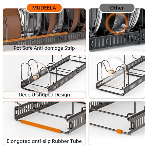 MUDEELA Pots and Pans Organizer Rack for under Cabinet, Expandable Pot Lid Kitchen Cabinet Organizer Holder with 10 Adjustable Compartment Cutting Board Organizer for Pan Lid Cookie Sheet Rack, Bronze - style: 10 Dividers-Bronze