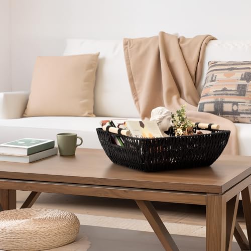 StorageWorks Large Wicker Storage Basket for Organizing, Toilet Paper Baskets for Shelf, Paper Rope Storage Baskets with Wooden Handles, Black, 2-Pack - color: Black, size: Large