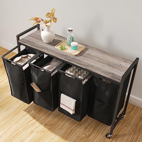 HOOBRO Laundry Sorter 4 Sections, Laundry Hamper with Wheels, 4 × 10.5 Gal (39.8L), Rolling Laundry Basket, Pull-Out and Removable Oxford Fabric Bags, Greige and Black BG04XY01 - color: Greige + Black