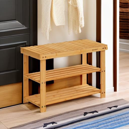 SONGMICS Shoe Rack Bench, 3-Tier Bamboo Shoe Storage Organizer, Entryway Bench, Holds Up to 286 lb, 11.3 x 27.6 x 17.8 Inches, for Entryway Bathroom Bedroom, Natural ULBS04N - color: Natural, size: 27.6"W