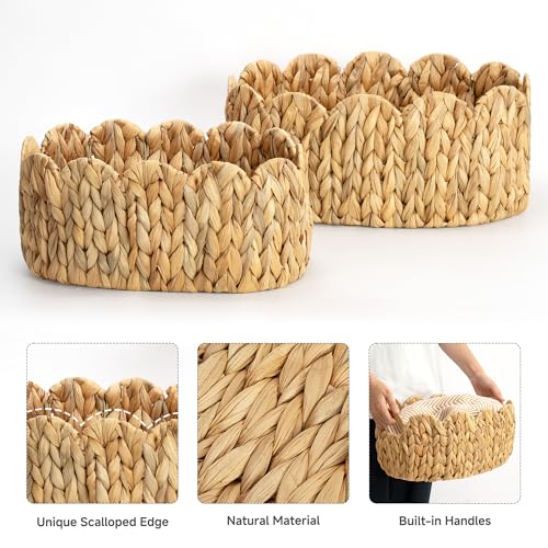 StorageWorks Scalloped Wicker Basket, Woven Baskets for Storage, Rattan Baskets with Handles, Paper Rope Basket for Organizing and Decor, 2 Pack - color: Natural(Water Hyacinth), size: 16¼" L x 11" W x 7" H