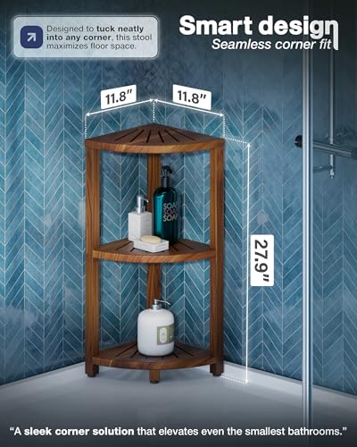 BLUEWEST 3-Tier Corner Shower Caddy Stand, Wood Shower Organizer Standing with Anti-Slip Feet, Waterproof & Durable Bathroom Corner Shelf, Space-Saving Design Storage for Kitchen or Living Room