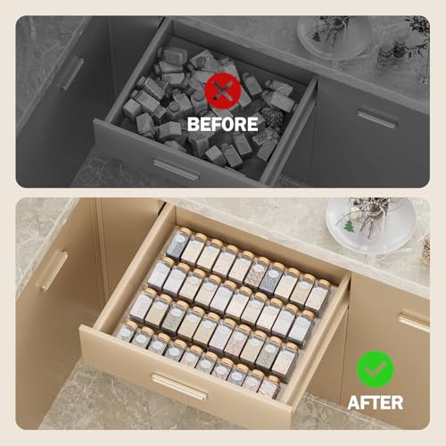 PanPanPal Spice Drawer Organizer, 4 Pack Clear Seasoning Organizer Rack, Expandable From 11" to 22" Wide Kitchen Spice Rack Organizers for Drawer, Countertop (Jars Not Included) - color: Clear, size: 4 Packs - 1 Tier