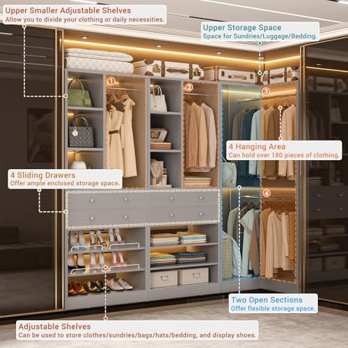 Closet System with 4 Drawers and Hanging Rods, 59.5"L / 87"L Closet Organizer System with Corner Tower, L Shaped Walk-in Closet System, Corner Closet System with Shelves, Set of 3, Morandi Grey - color: Morandi Grey, size: 59.5" * 59.5"