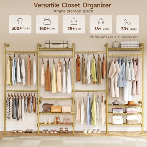 ONBRILL H4 Wall Mounted Closet System, Expandable Industrial Pipe Clothes Rack Clothing Rack for Hanging Clothes, Heavy Duty Closet Organizers and Storage in Wardrobe Closet - Gold - color: Gold