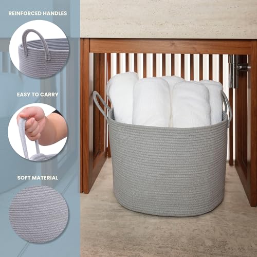OrganiHaus Large Woven Storage Basket for Blankets and Toys 20" x 13" Inch, Rope Laundry Basket with Handles, Cushions & Pillows Storage Bin, Nursery Hamper, Soft Round Dog Toy Bin - Gray - color: Full Gray, size: Wide