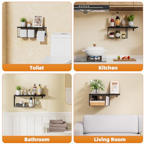 VITVITI Toilet Paper Holder with Shelf, Wall Mounted Toilet Paper Storage Basket, Wood Metal Toilet Roll and Wipes Holder for Bathroom Farmhouse (Black) - color: Black