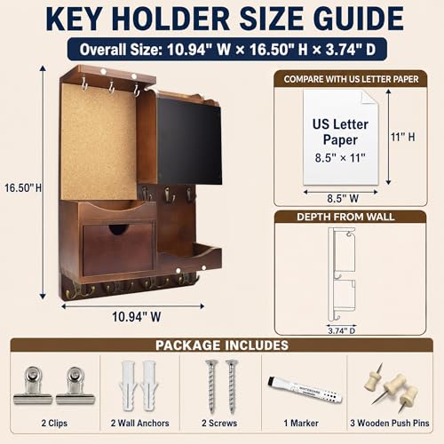Key Holder Wall Mount， Mail Organizer Key Holder for Wall with Shelf, Drawer, Chalkboard, Corkboard, Home Decor Wall Mounted for Room Entryway(Vintage Brown) - color: Vintage Brown, size: Vertical
