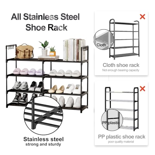 2 Rows 4 Tier Shoe Rack, Black Metal Stackable Shoe Shelf with Multifunctional Hooks, Hold 16-20 Pairs, Space Saving Shoe Organizer for Closet, Bedroom - size: 2 Row 4 Tier