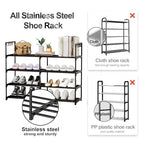 2 Rows 4 Tier Shoe Rack, Black Metal Stackable Shoe Shelf with Multifunctional Hooks, Hold 16-20 Pairs, Space Saving Shoe Organizer for Closet, Bedroom - size: 2 Row 4 Tier
