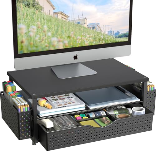 Spacrea Desk Organizer and Accessories, Computer Monitor Stand Riser with Drawer and 2 Pen Holders, Office Desk Accessories & Workspace Organizers for Office Supplies (Black) - color: Black