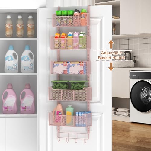 VyGrow Over The Door Organizer, Metal Door Organizer Hanging with 5 Adjustable Baskets and Coat Hook, Behind The Door Storage for Bedroom Closet Bathroom Pantry Cabinet Kitchen, Pink - color: Pink, size: 5-Tier