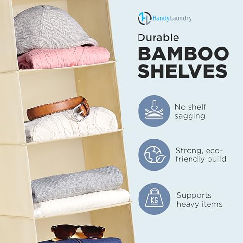 Handy Laundry Hanging Closet Organizer - 6 Shelf Storage for Clothes, Sweaters, Shoes & Accessories - Space-Saving Wardrobe Shelves with Hooks for Dorm, RV & Small Closet Organization (Beige) - color: Beige