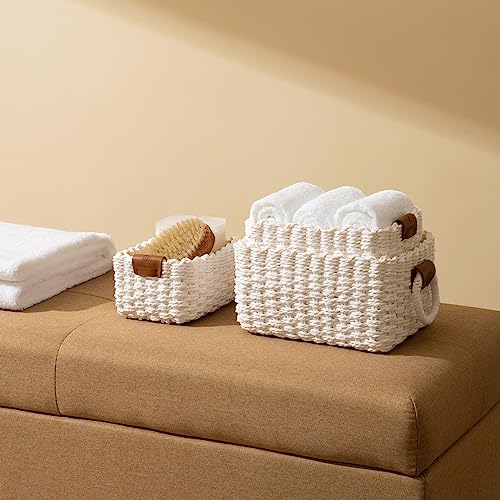 LA JOLIE MUSE Woven Storage Baskets for Organizing, Recycled Paper Rope Basket Bin Divider for Makeup Towel Shelf Cupboards Drawer Closet Dresser, Decorative White Storage Basket Set of 3 - color: White