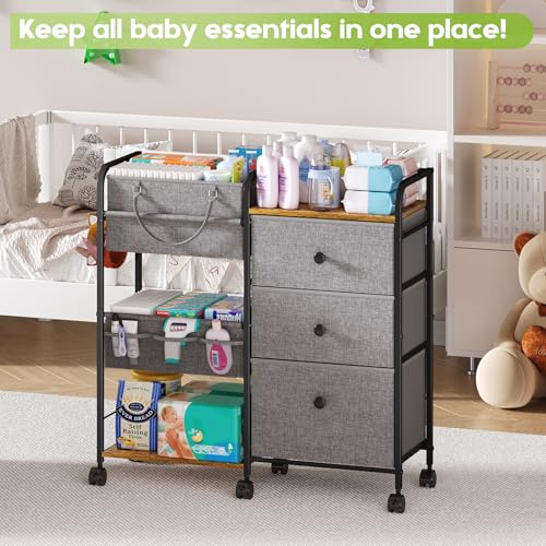 Cidaziya 2In1 Baby Diaper Caddy Organizer and Storage, 3 Tier Rolling Cart with Dividers and Drawers, Mobile Utility Cart Baby Dresser Clothes Organizer for Changing Table, Crib Nursery, Bedroom, Grey - color: Grey, size: 32.48"W x 11.42"D x 33.5"H