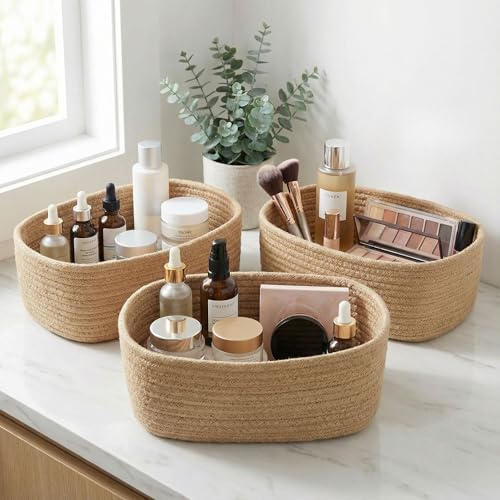 Beautiful Storage Basket Set of 3 - Sturdy Jute Rope Baskets for Shelves Are Perfect for Organizing Your Home - Quality Storage Bins Easily Fit With Any Nursery or Bedroom Decor - color: Jute-Brown